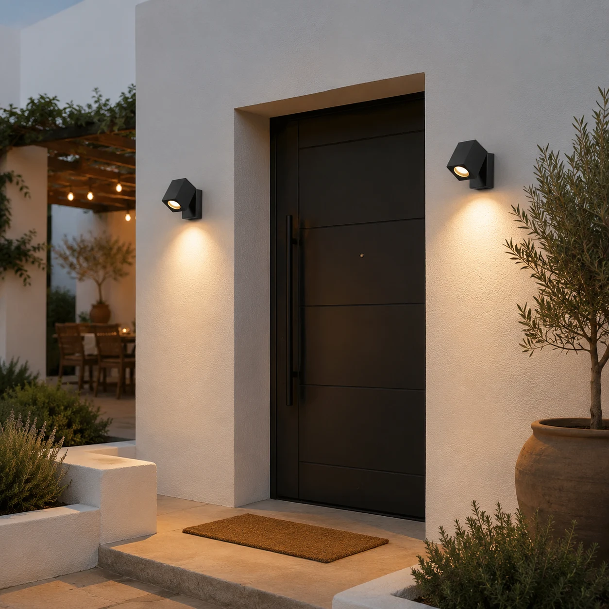 Apliques de pared ajustables Avelo negros junto a una puerta exterior moderna.