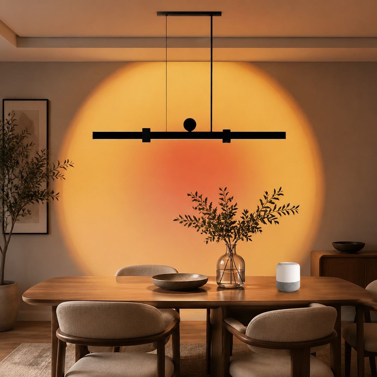 Lámpara colgante lineal para comedor con iluminación de pared