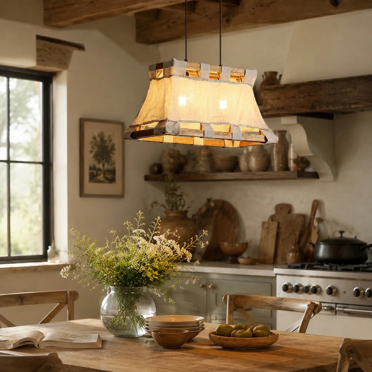 Lámpara colgante de madera y tela estilo Wabi-Sabi