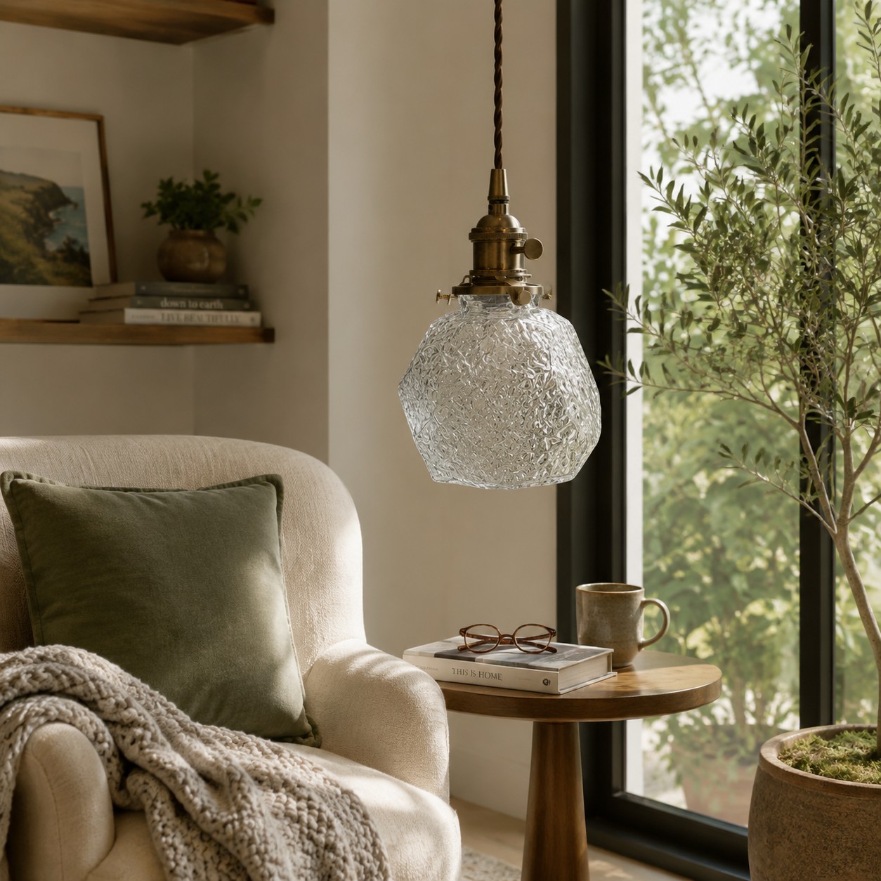 Lámpara colgante de cristal facetado en un ambiente interior ecléctico.