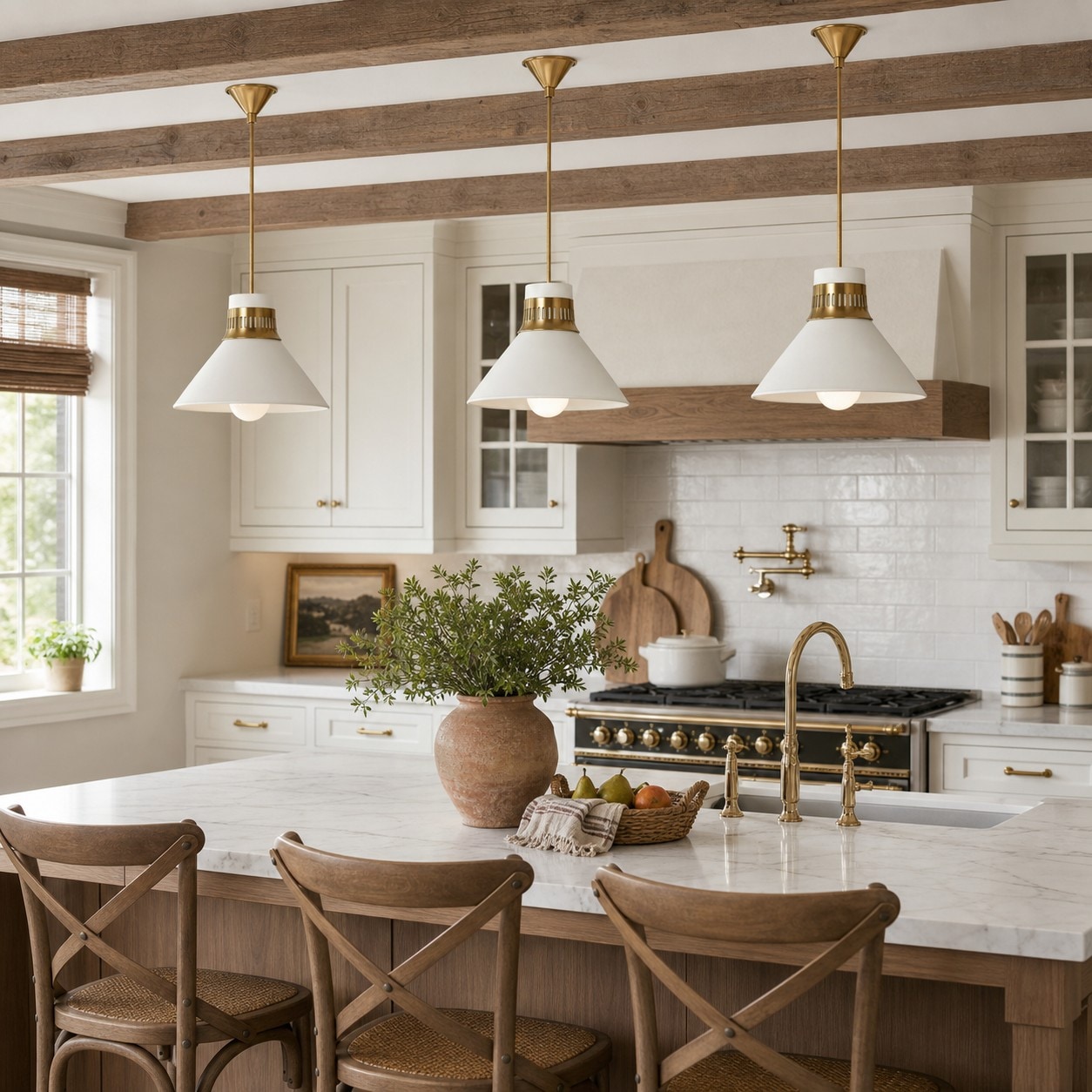 Lámparas colgantes Calvor de porcelana blanca y latón sobre isla de cocina