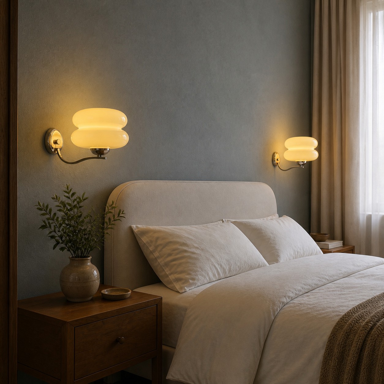 Wandleuchten aus Opalglas neben einem Bett