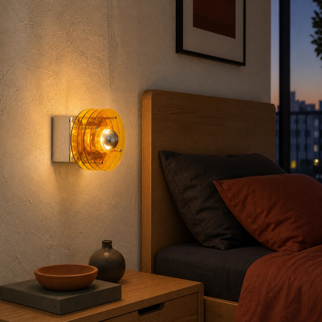 Gelbe Bauhaus-Acryl-Wandlampe neben einem Bett