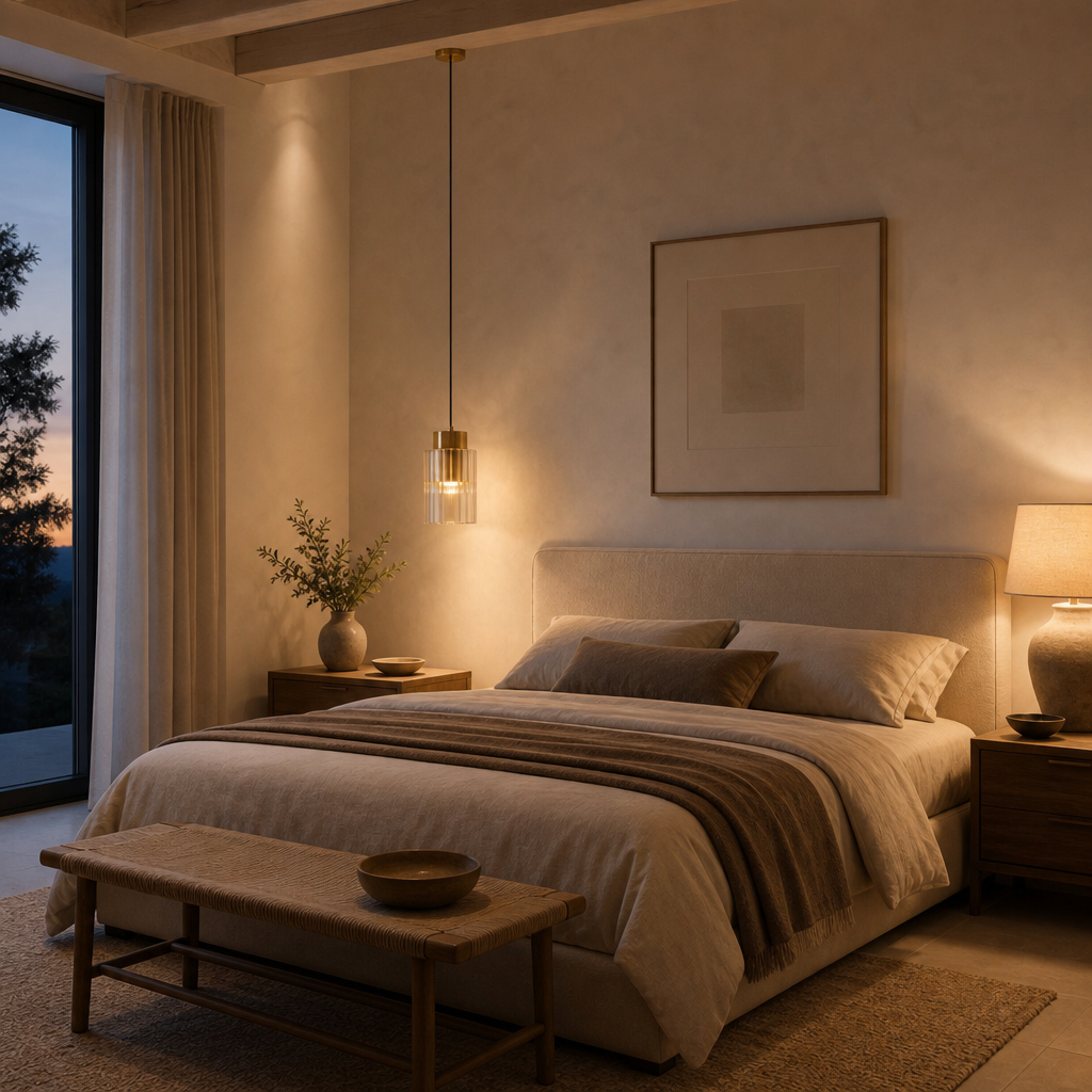 Scene G1-S4: Brass pendant layered bedroom lighting