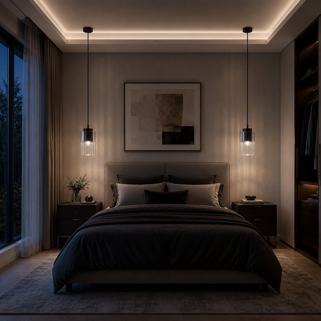 Scene G1-S2: Black pendant pair in bedroom