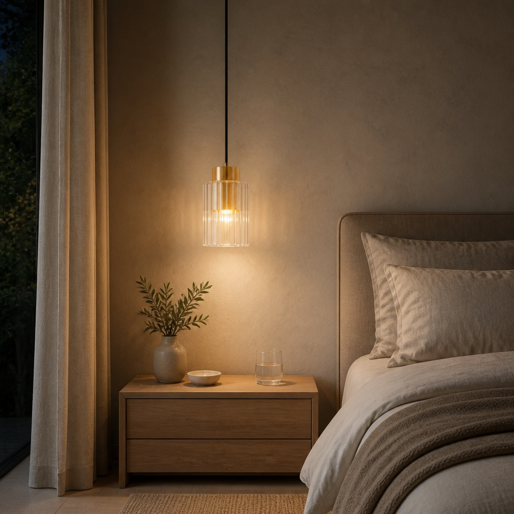 Scene G1-S1: Brass pendant over nightstand