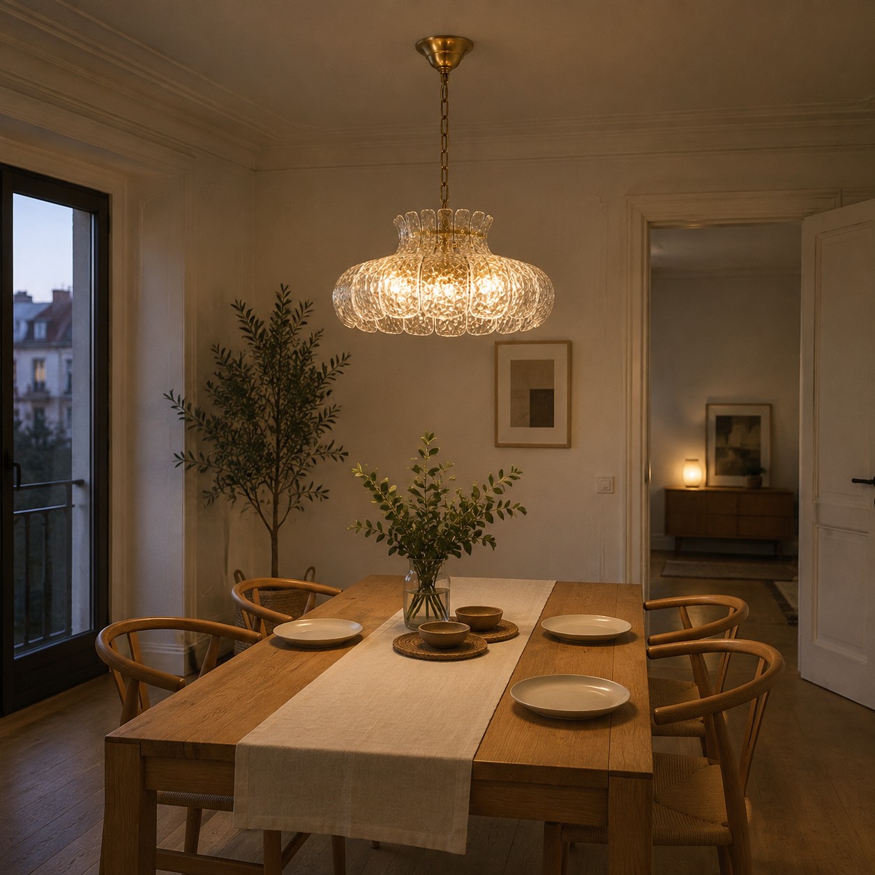 Solid brass hammered glass petal chandelier over a dining table