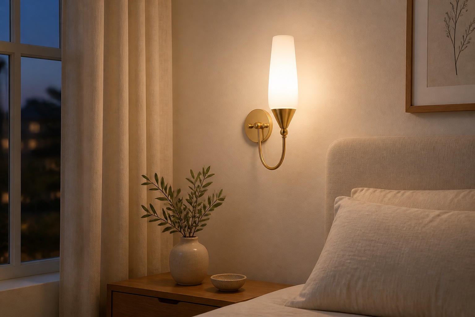 Aplique de parede de latão com vidro opalino e uma única lâmpada, para uso ao lado da cama.