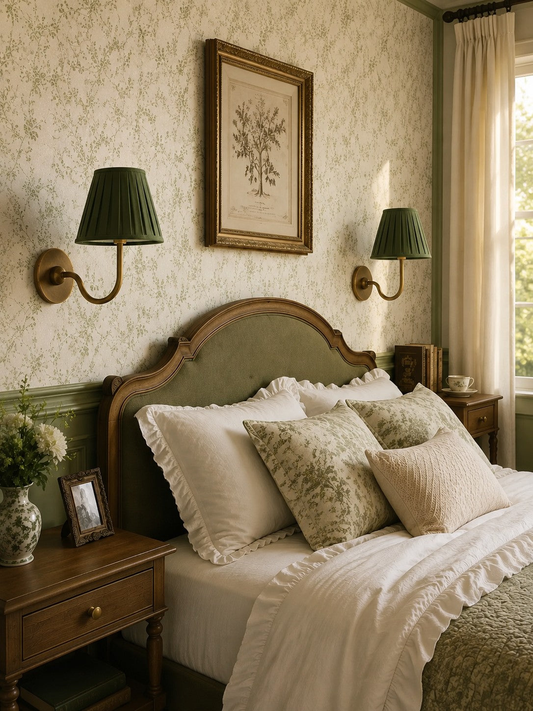 Apliques de pared con pantalla de tela verde junto a una cama