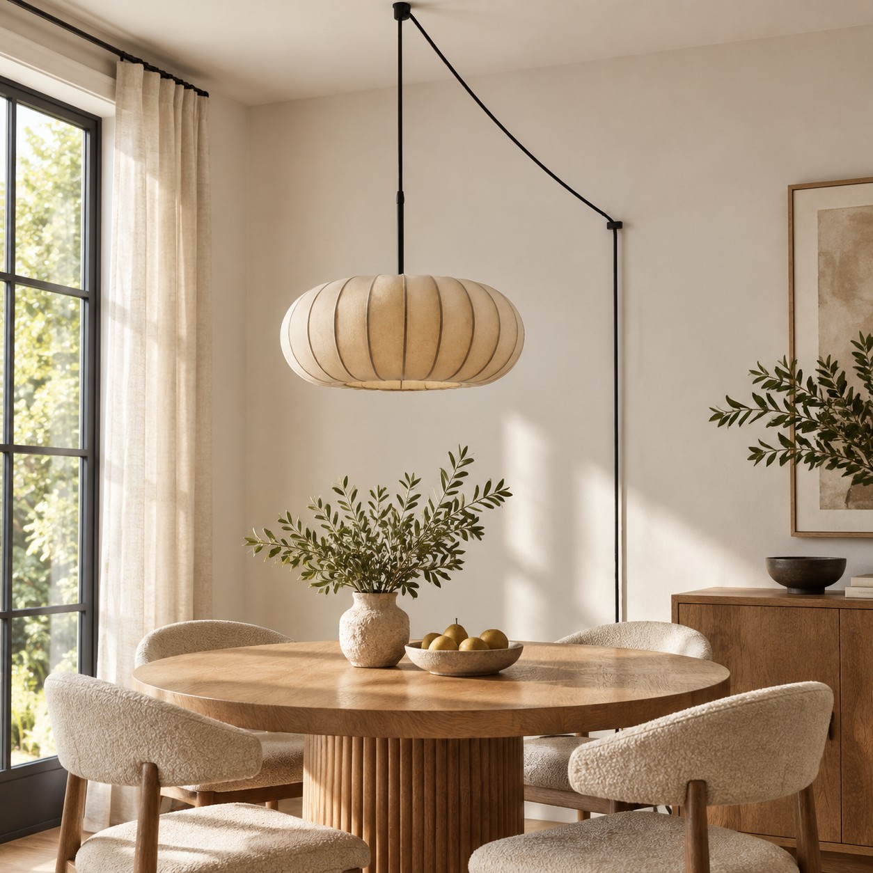 Lámpara colgante de tela blanca con enchufe en un comedor luminoso.