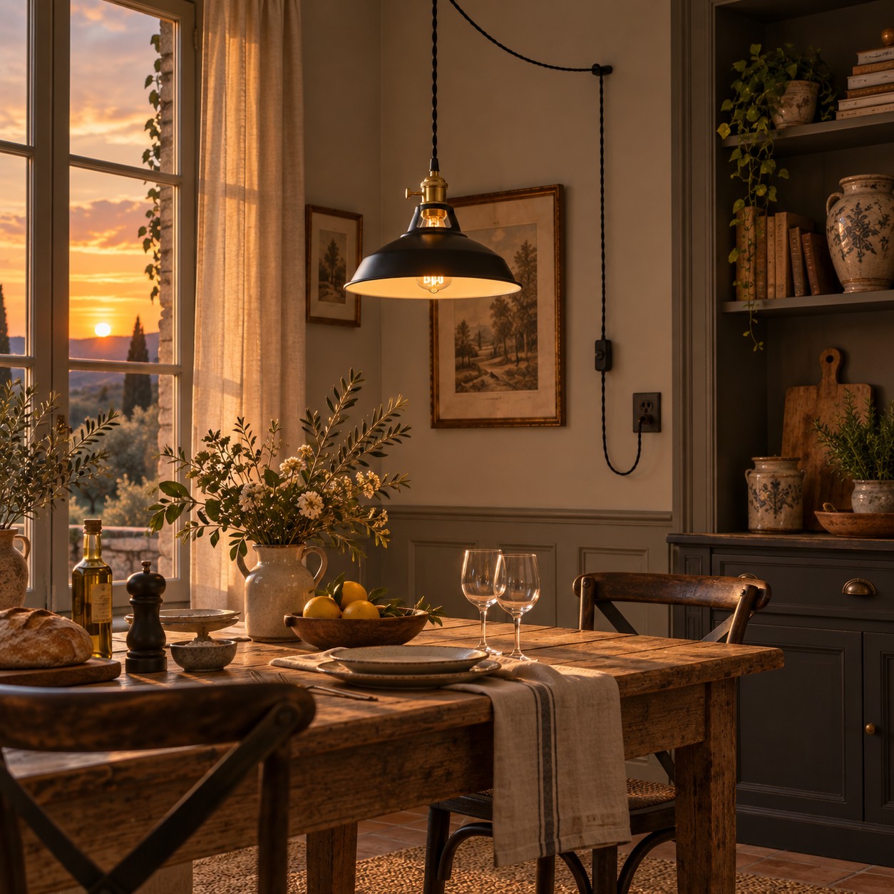 Black pendant in a rustic dining room