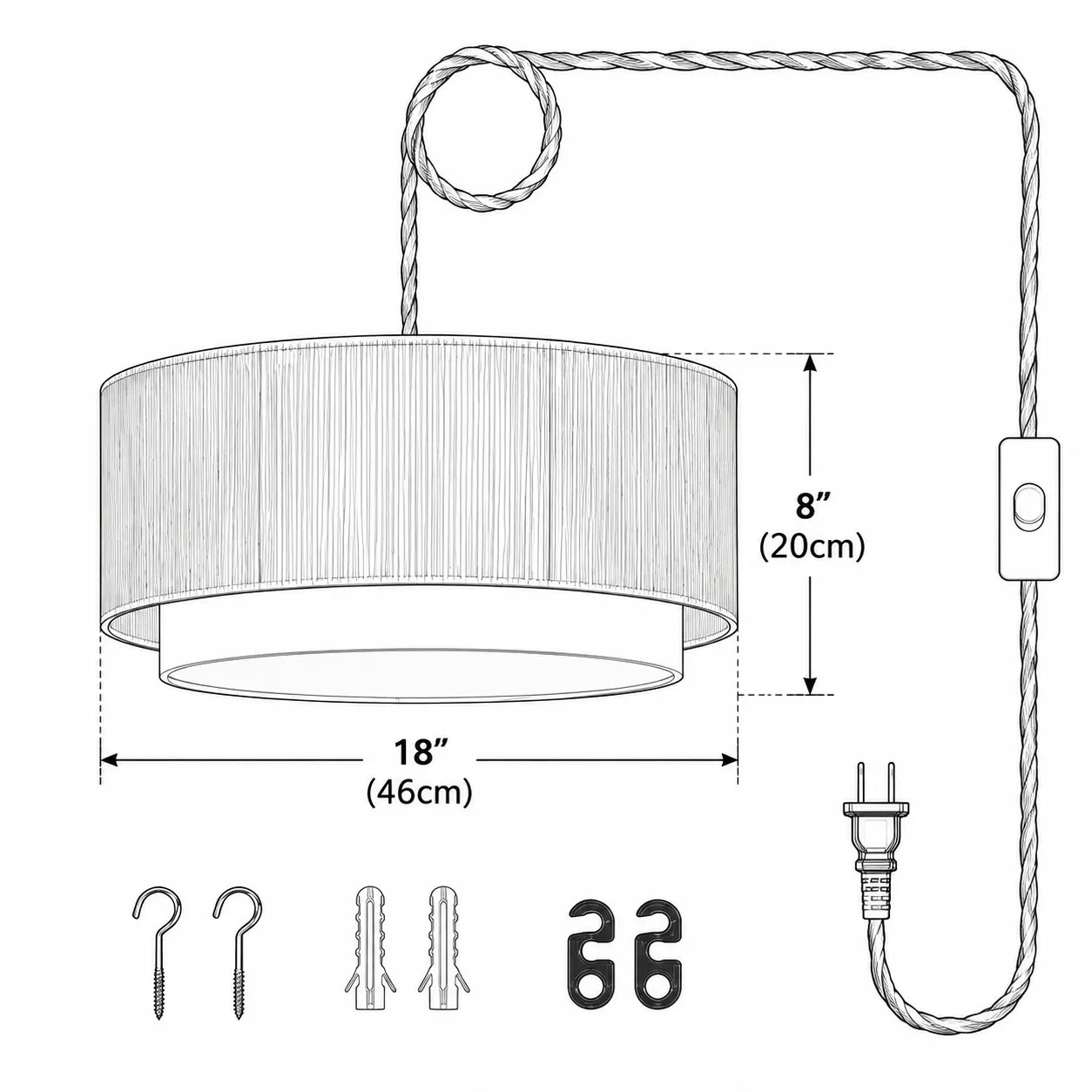 Beige and White lampshade dimensions, 9 in / 23 cm by 18 in / 46 cm