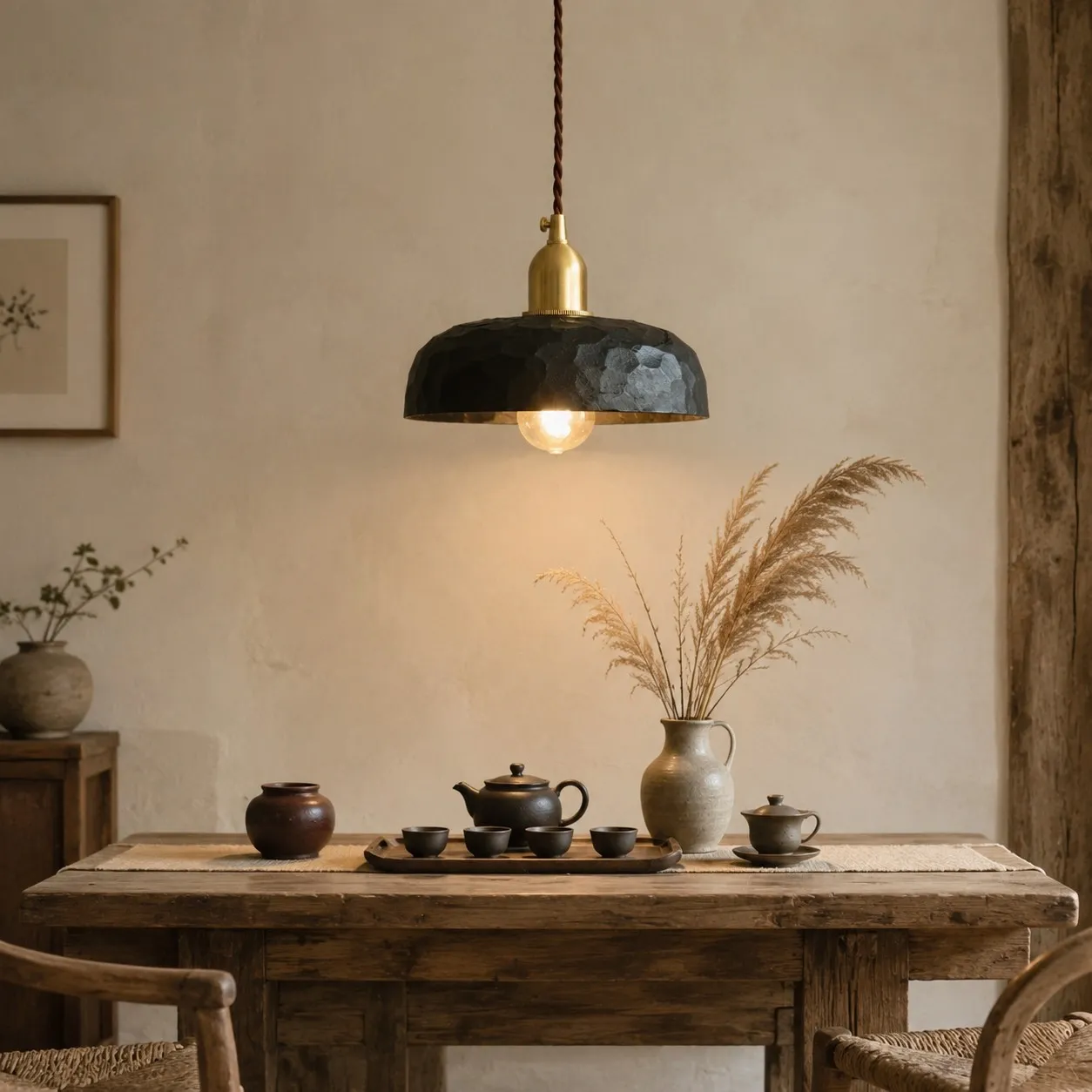 Hand-carved Wabi-Sabi wood pendant lamp