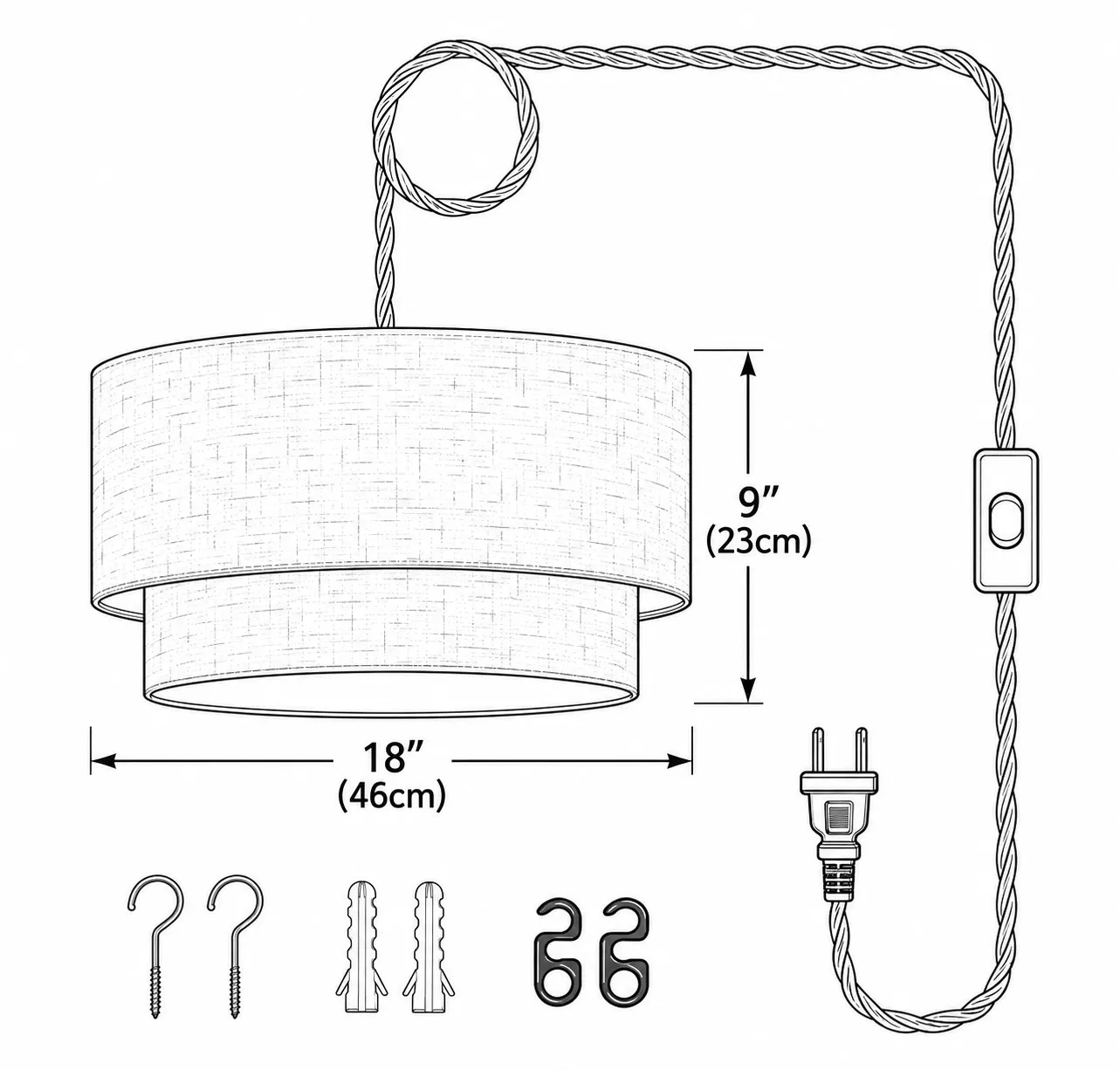 Beige lampshade dimensions, 8 in / 20 cm by 18 in / 46 cm