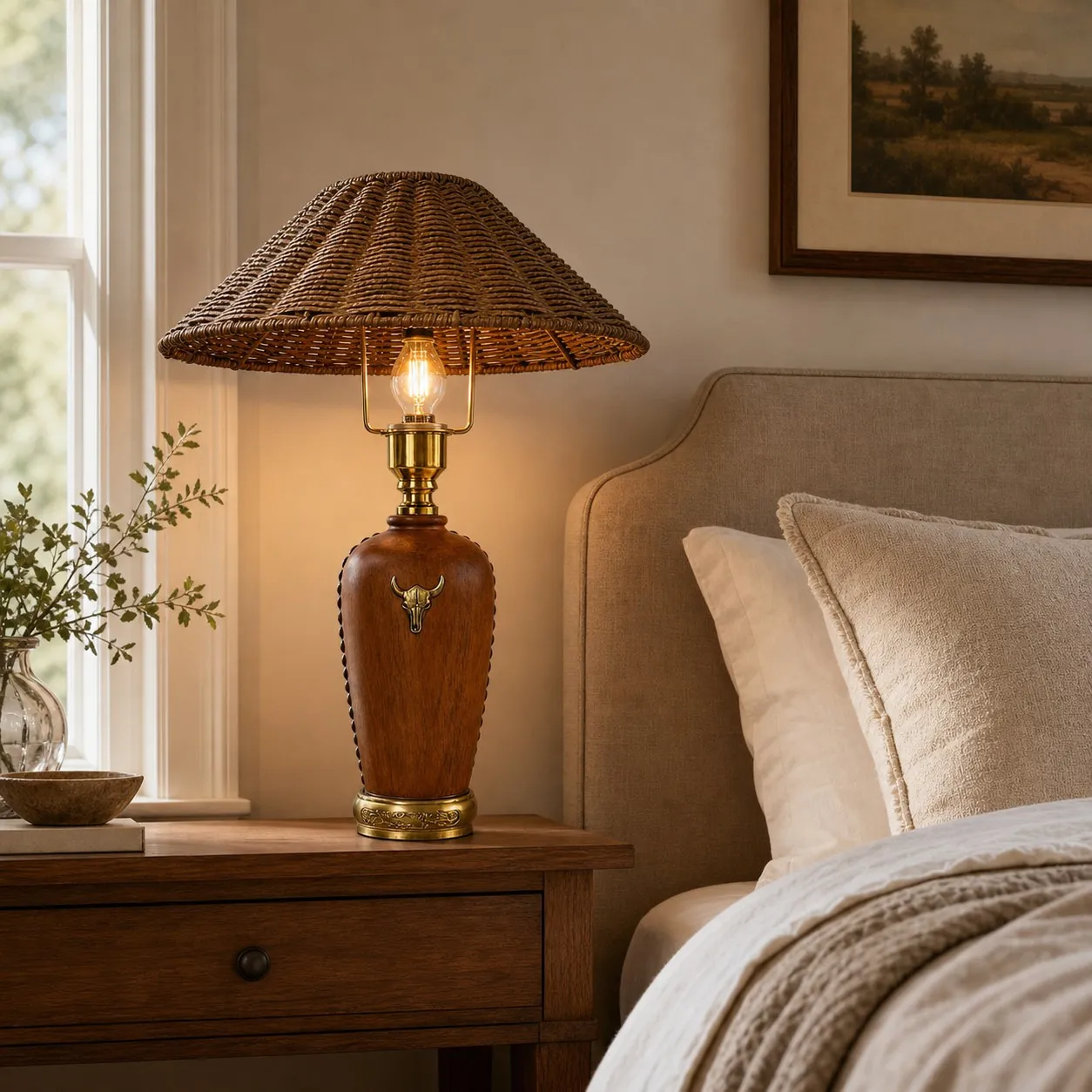 Camel brown shade wood table lamp beside a bed