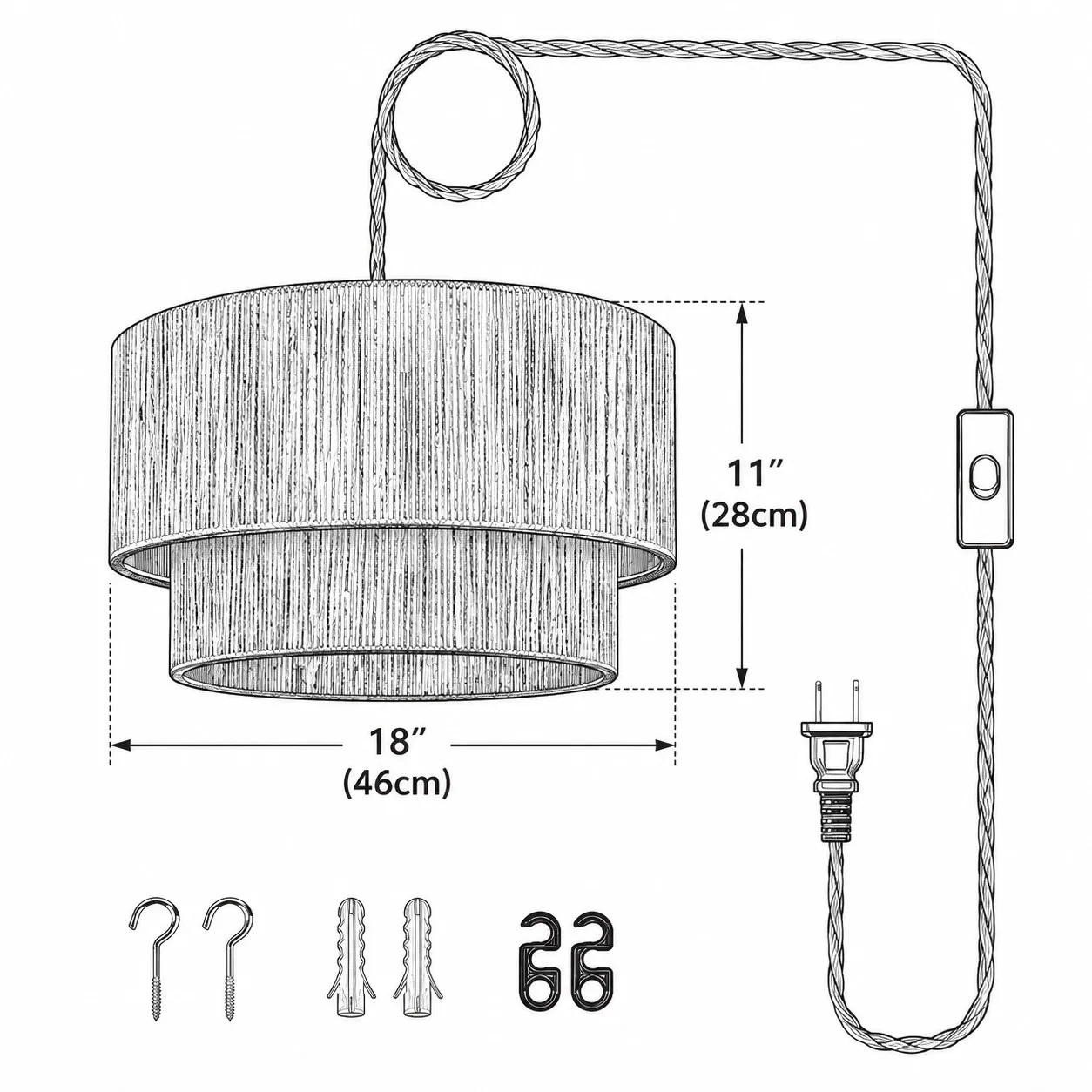 Brown lampshade dimensions, 11 in / 28 cm by 18 in / 46 cm