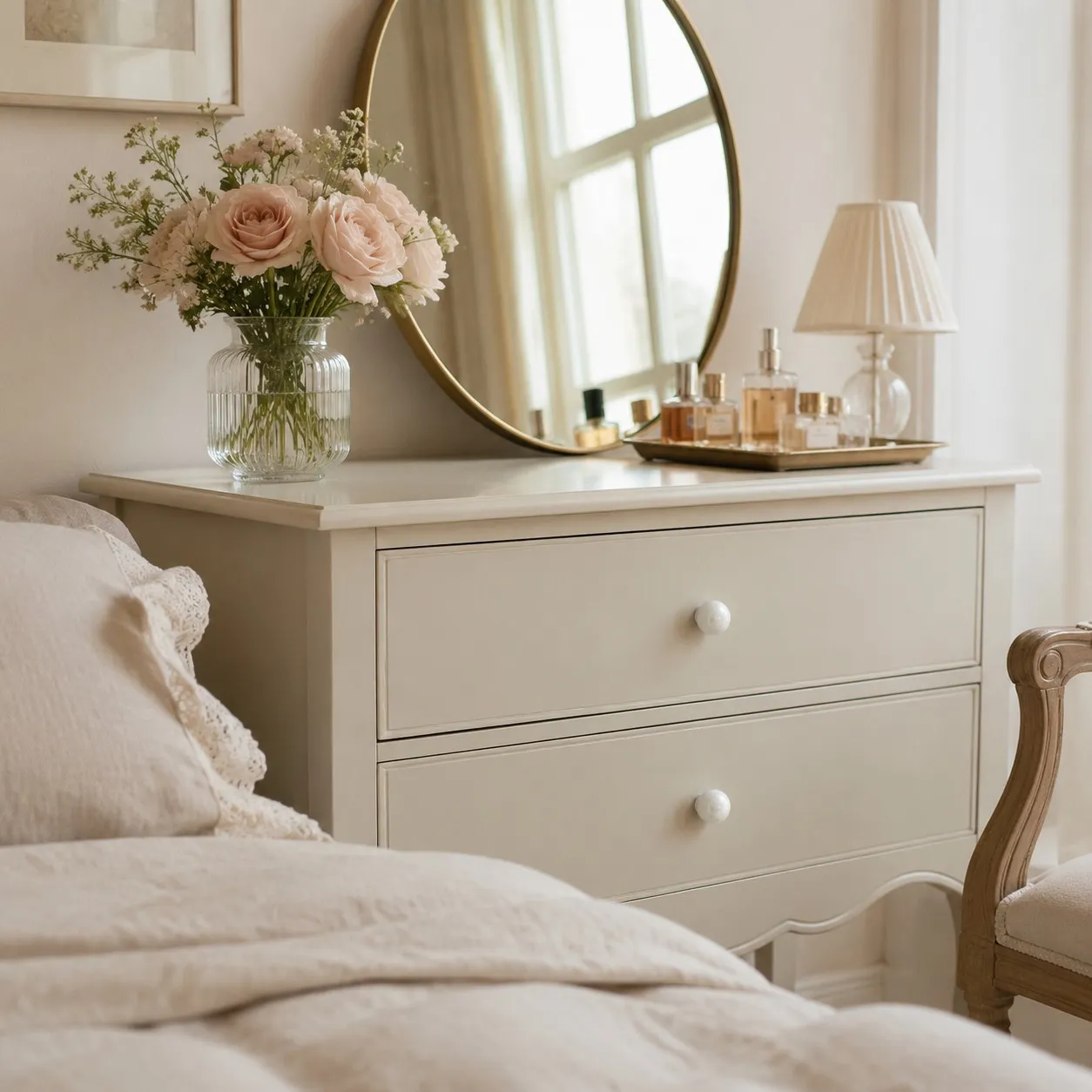 Pearl white cabinet knobs in a bedroom setting