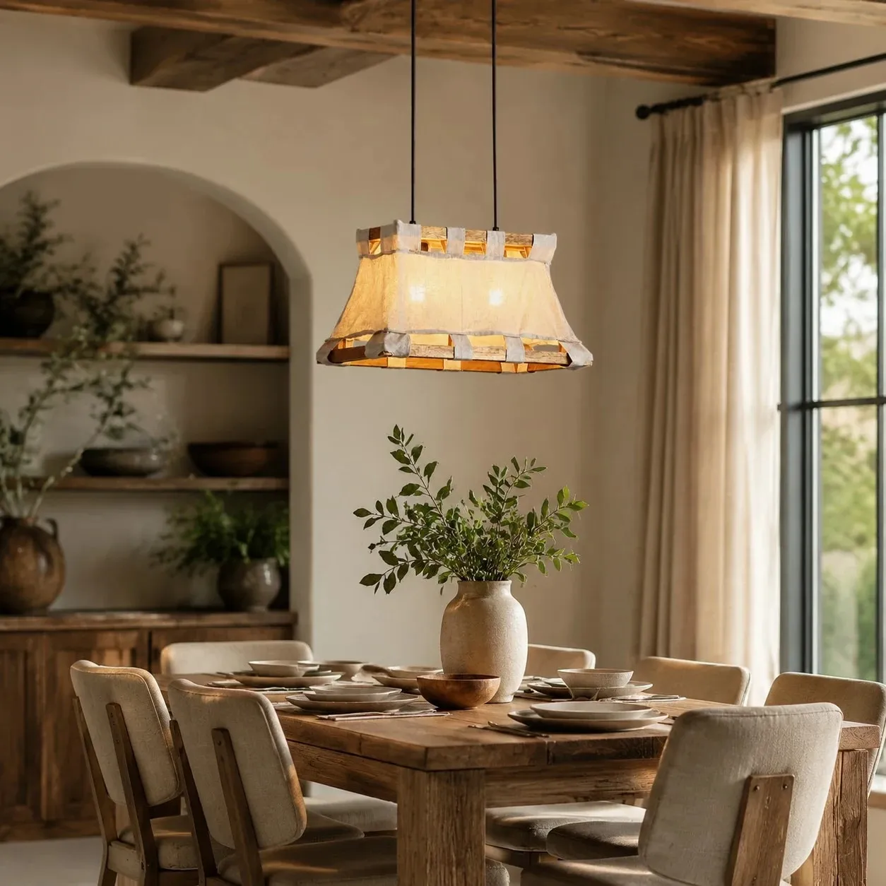 Fabric pendant lamp in hospitality dining space
