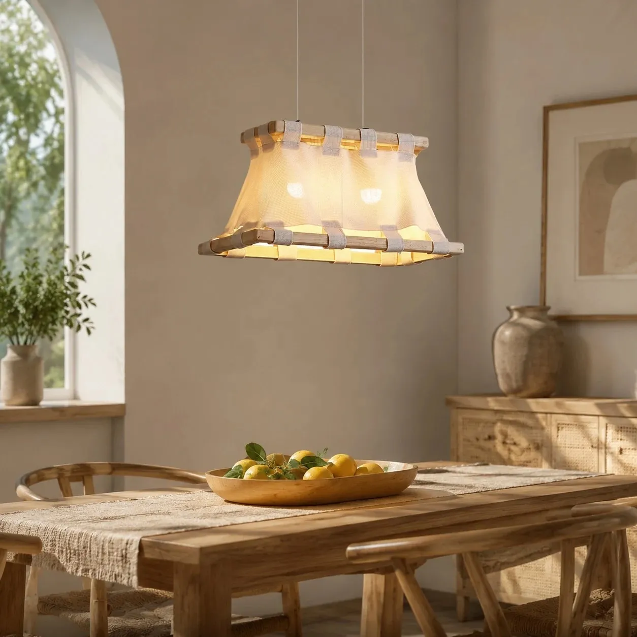 Pendant lamp scale above long dining table