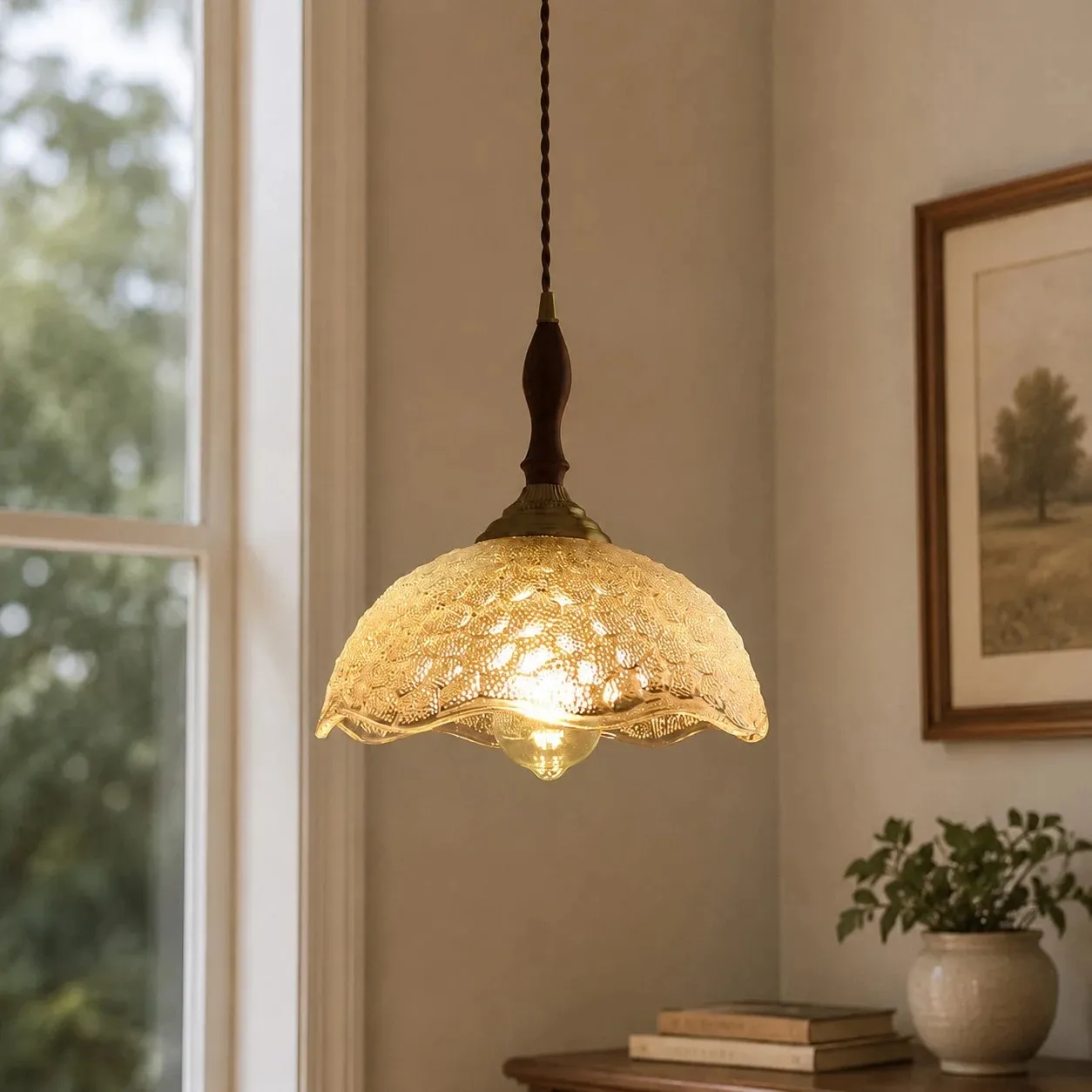 Clear glass pendant light in room