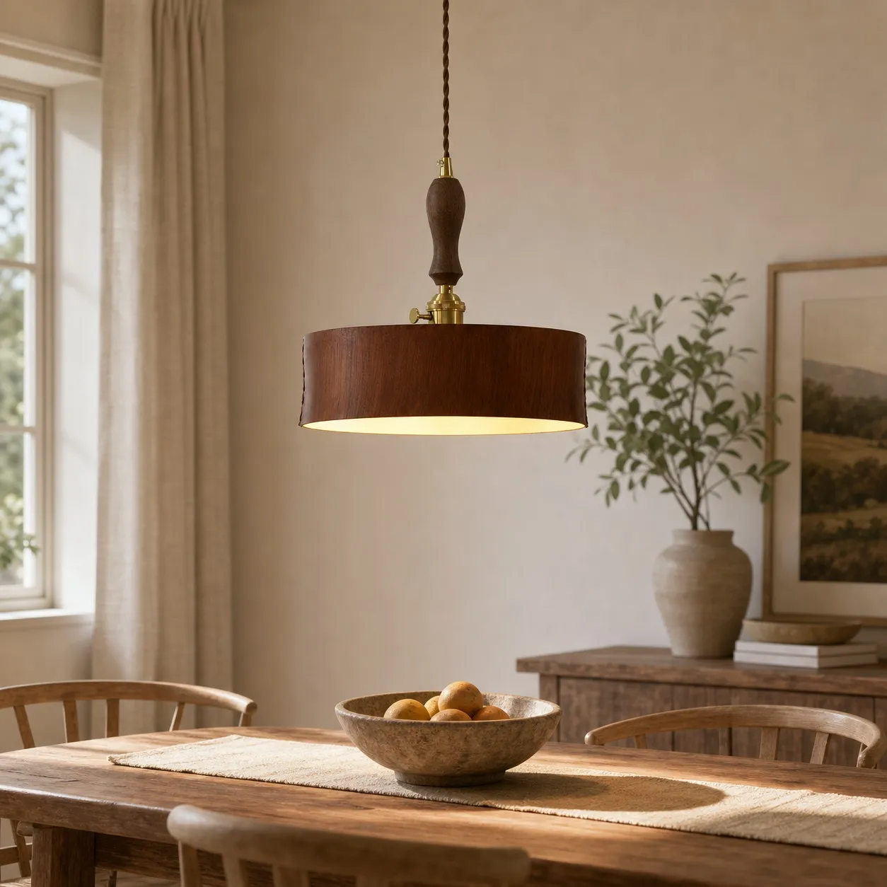 Vintage brown leather pendant installed above a wood dining table