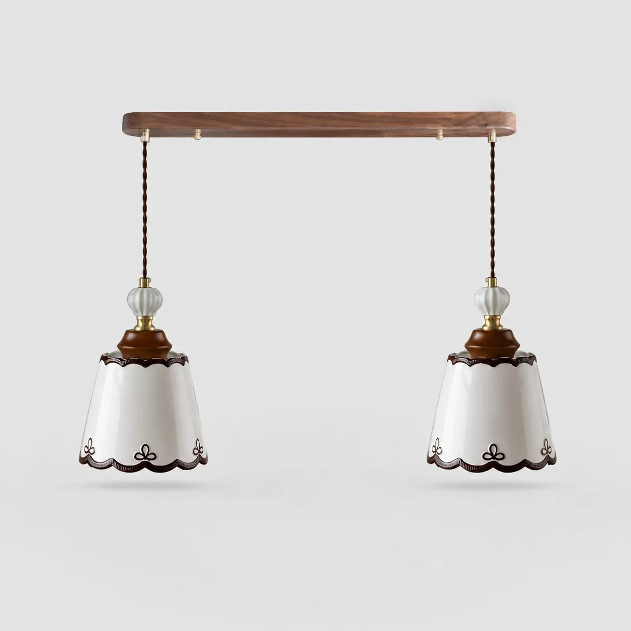 two-light ceramic pendant with a 60 cm wood ceiling plate