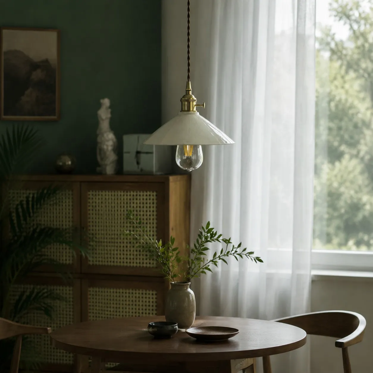 Vintage ceramic pendant light in a quiet tea-room setting