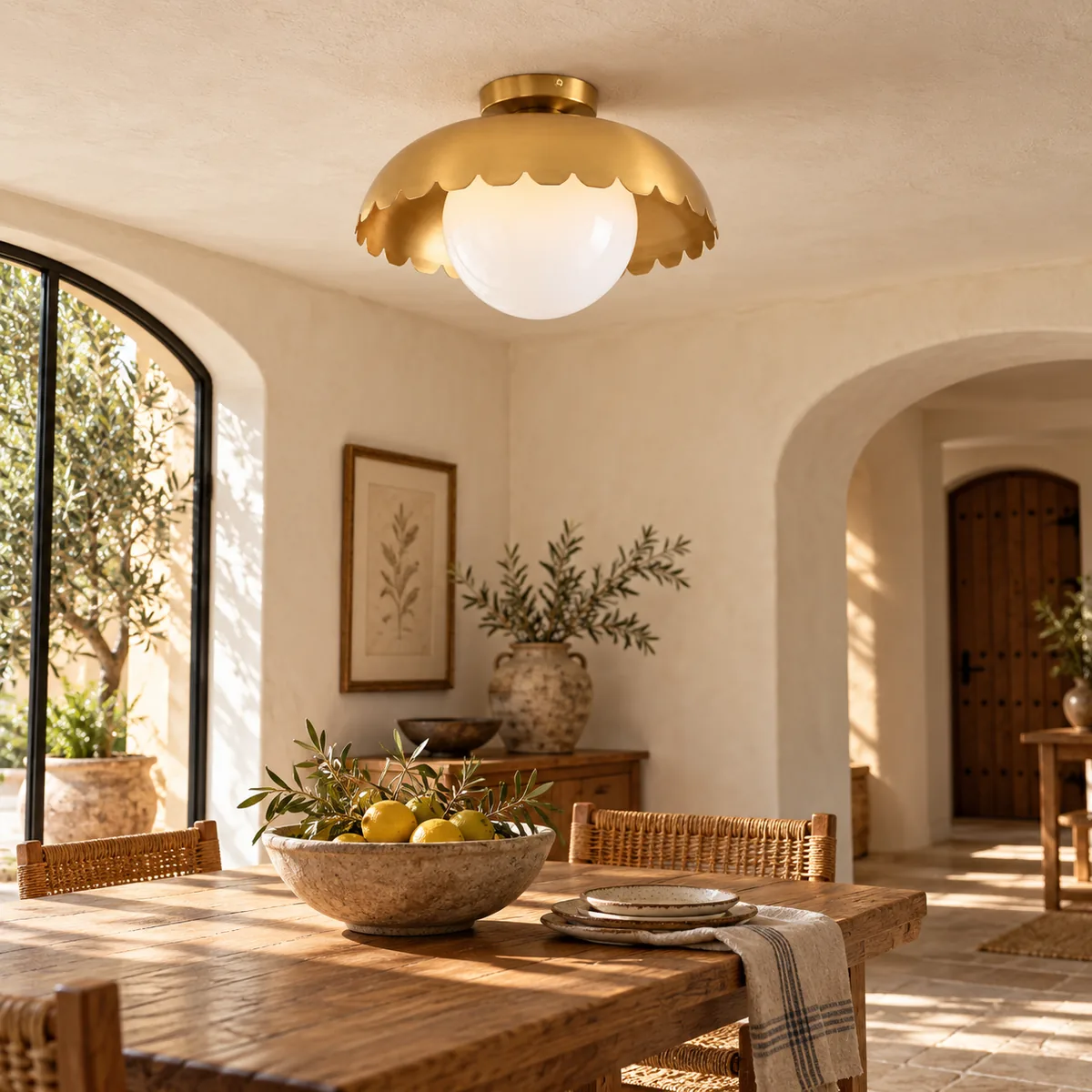 Warm Ceiling Globe under a Metal Canopy