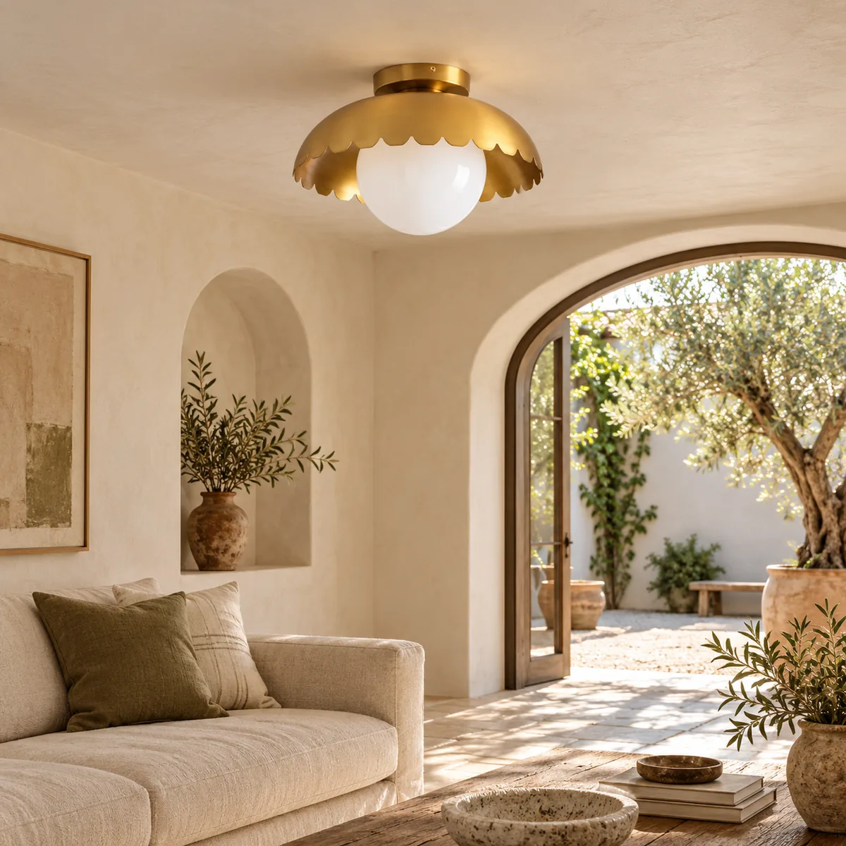 Warm Ceiling Globe under a Metal Canopy